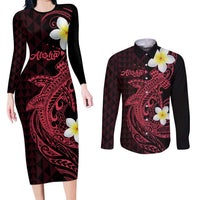 Aloha Hammerhead Shark Couples Matching Long Sleeve Bodycon Dress and Long Sleeve Button Shirt Feverish Pink Hawaiian Kakau Tribal Tattoo LT9 Pink - Polynesian Pride
