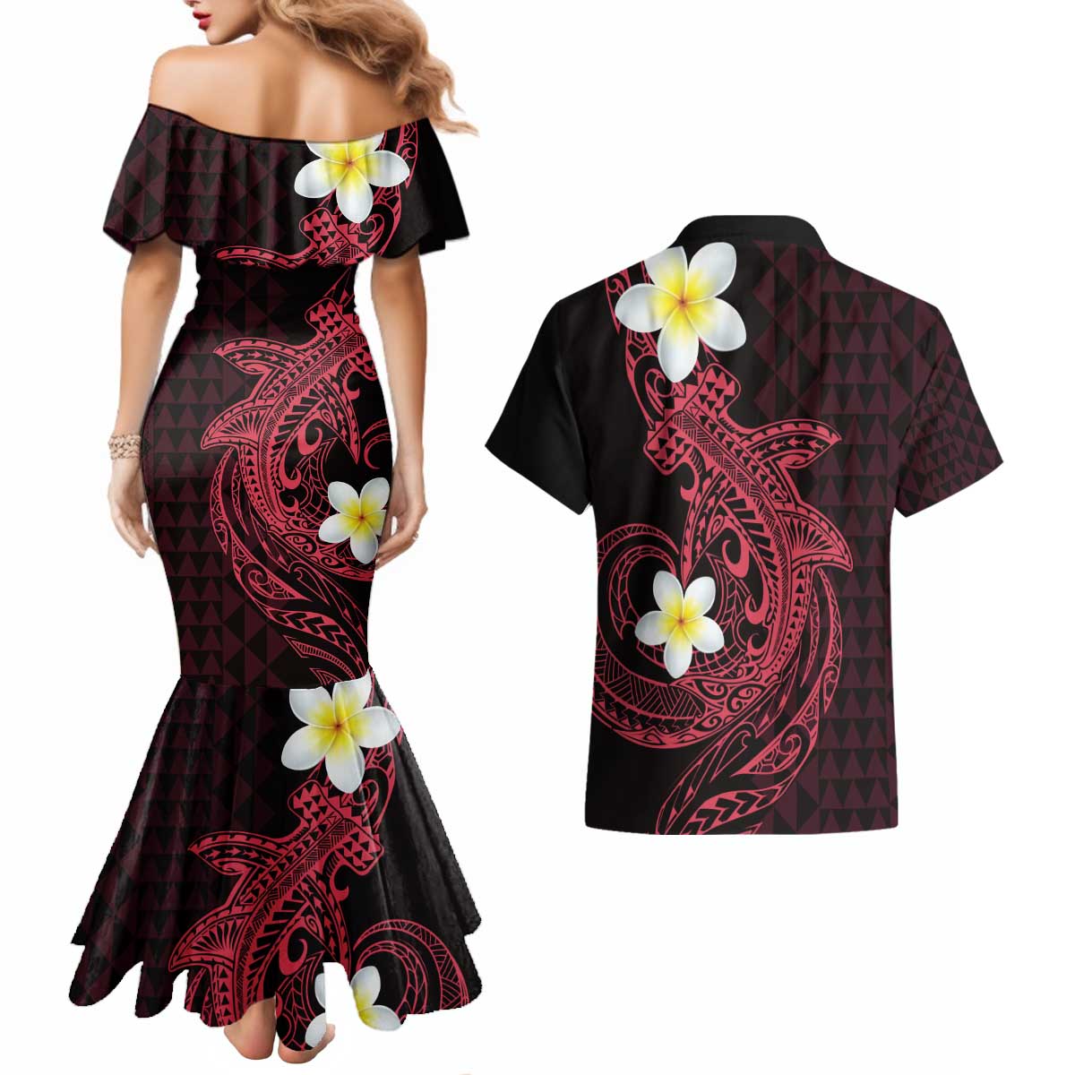 Aloha Hammerhead Shark Couples Matching Mermaid Dress and Hawaiian Shirt Feverish Pink Hawaiian Kakau Tribal Tattoo LT9 - Polynesian Pride
