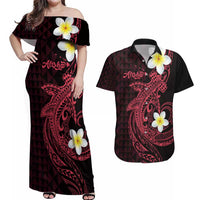 Aloha Hammerhead Shark Couples Matching Off Shoulder Maxi Dress and Hawaiian Shirt Feverish Pink Hawaiian Kakau Tribal Tattoo LT9 Pink - Polynesian Pride