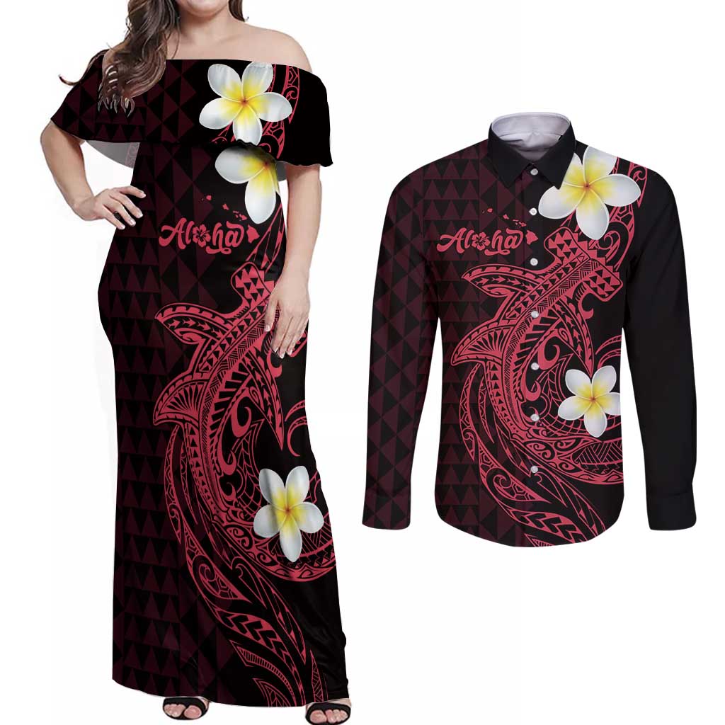 Aloha Hammerhead Shark Couples Matching Off Shoulder Maxi Dress and Long Sleeve Button Shirt Feverish Pink Hawaiian Kakau Tribal Tattoo LT9 Pink - Polynesian Pride