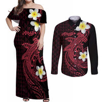 Aloha Hammerhead Shark Couples Matching Off Shoulder Maxi Dress and Long Sleeve Button Shirt Feverish Pink Hawaiian Kakau Tribal Tattoo LT9 Pink - Polynesian Pride