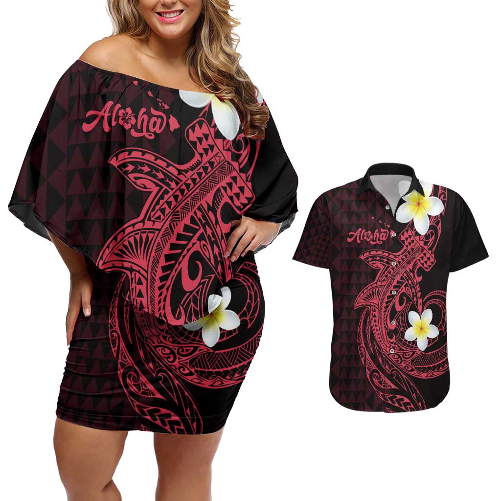 Aloha Hammerhead Shark Couples Matching Off Shoulder Short Dress and Hawaiian Shirt Feverish Pink Hawaiian Kakau Tribal Tattoo LT9 Pink - Polynesian Pride