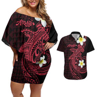 Aloha Hammerhead Shark Couples Matching Off Shoulder Short Dress and Hawaiian Shirt Feverish Pink Hawaiian Kakau Tribal Tattoo LT9 Pink - Polynesian Pride