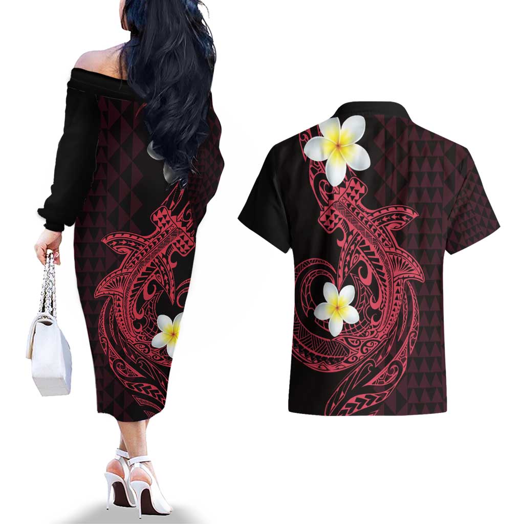 Aloha Hammerhead Shark Couples Matching Off The Shoulder Long Sleeve Dress and Hawaiian Shirt Feverish Pink Hawaiian Kakau Tribal Tattoo LT9 - Polynesian Pride