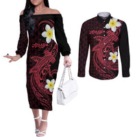 Aloha Hammerhead Shark Couples Matching Off The Shoulder Long Sleeve Dress and Long Sleeve Button Shirt Feverish Pink Hawaiian Kakau Tribal Tattoo LT9 Pink - Polynesian Pride