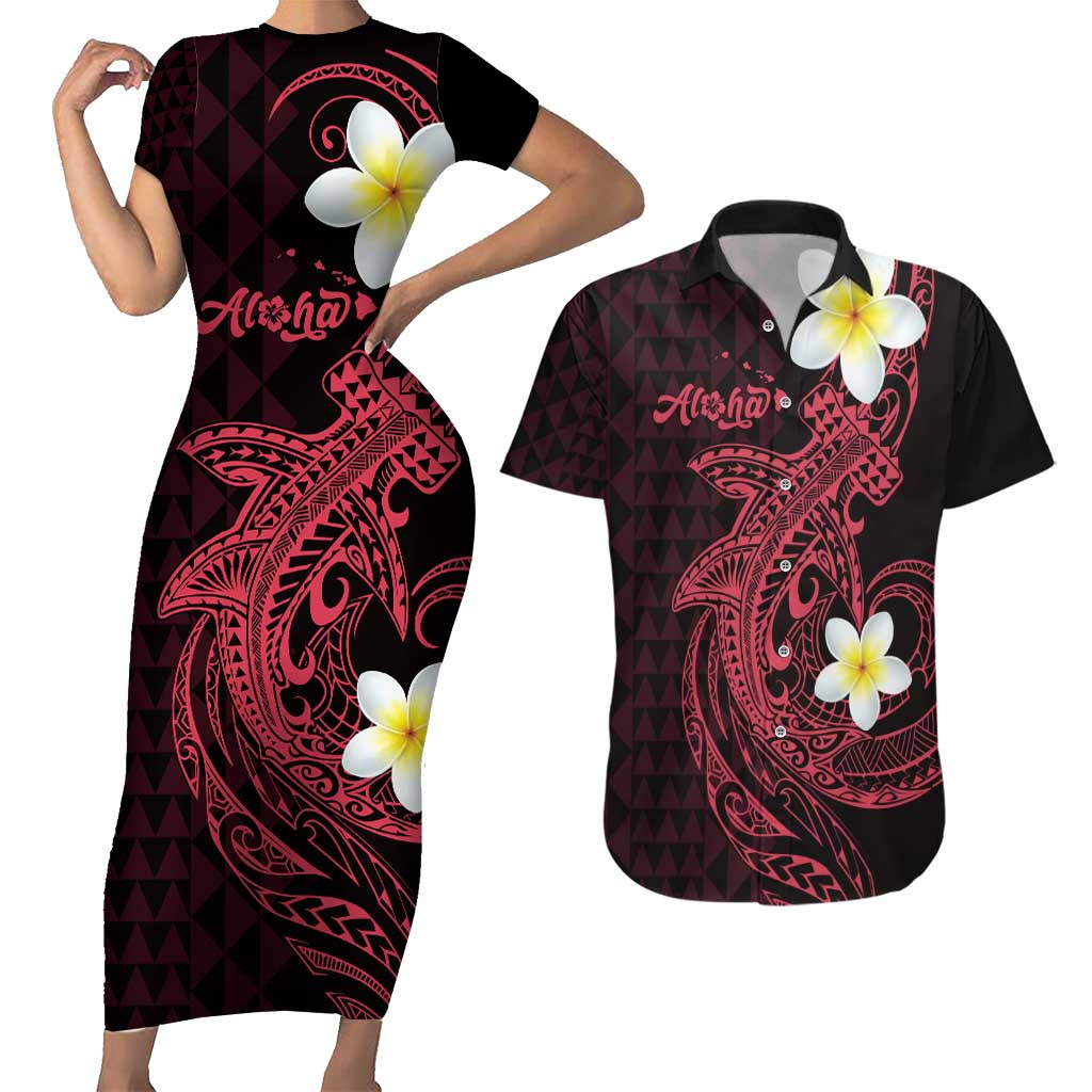 Aloha Hammerhead Shark Couples Matching Short Sleeve Bodycon Dress and Hawaiian Shirt Feverish Pink Hawaiian Kakau Tribal Tattoo LT9 Pink - Polynesian Pride