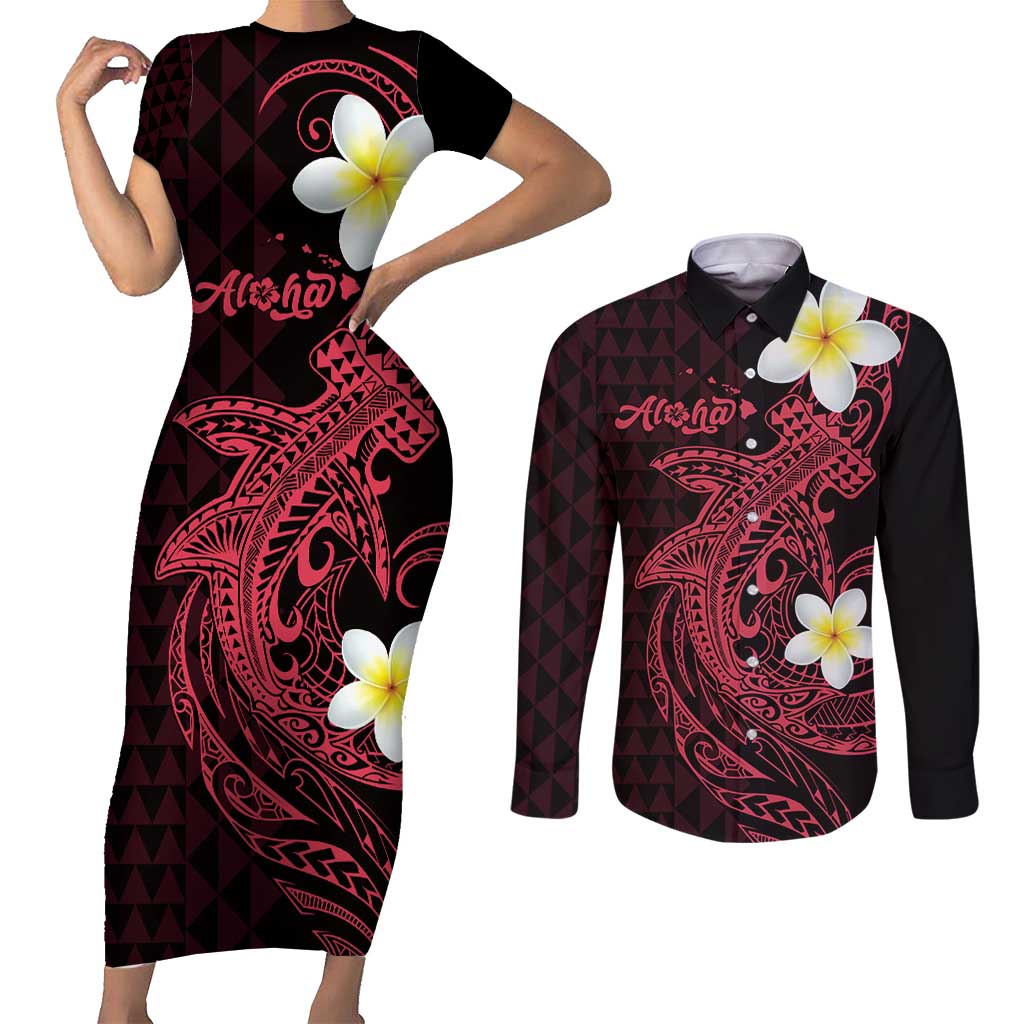 Aloha Hammerhead Shark Couples Matching Short Sleeve Bodycon Dress and Long Sleeve Button Shirt Feverish Pink Hawaiian Kakau Tribal Tattoo LT9 Pink - Polynesian Pride