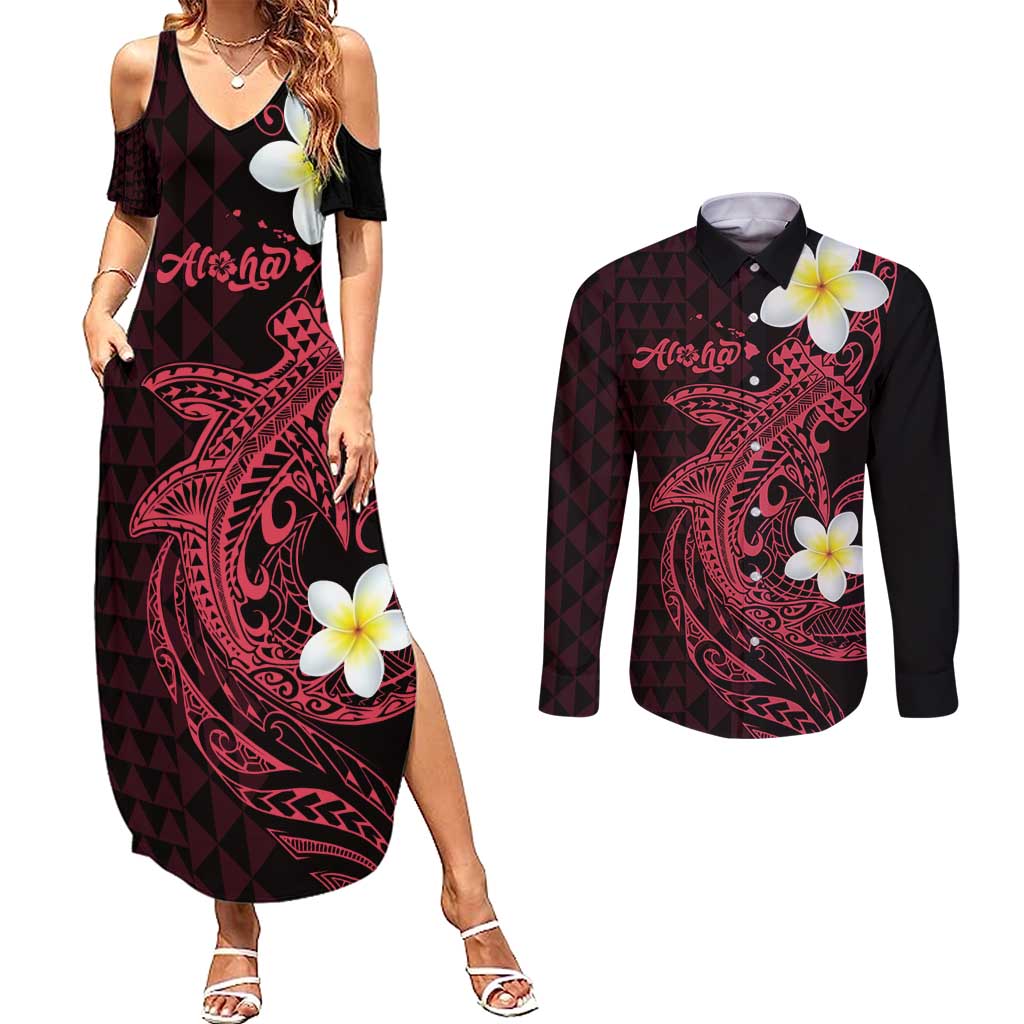 Aloha Hammerhead Shark Couples Matching Summer Maxi Dress and Long Sleeve Button Shirt Feverish Pink Hawaiian Kakau Tribal Tattoo LT9 Pink - Polynesian Pride