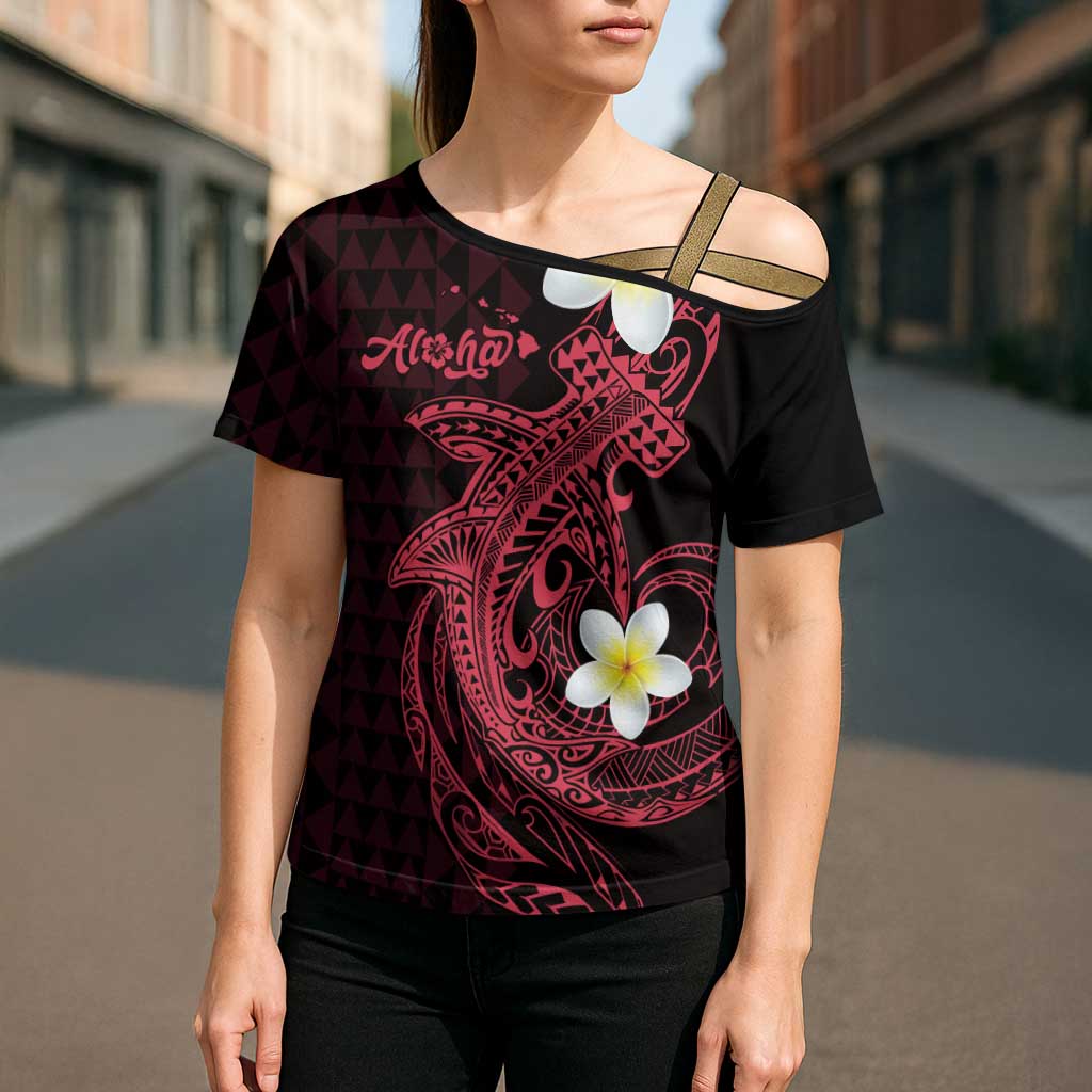 Aloha Hammerhead Shark Cross Shoulder Shirt Feverish Pink Hawaiian Kakau Tribal Tattoo - Polynesian Pride
