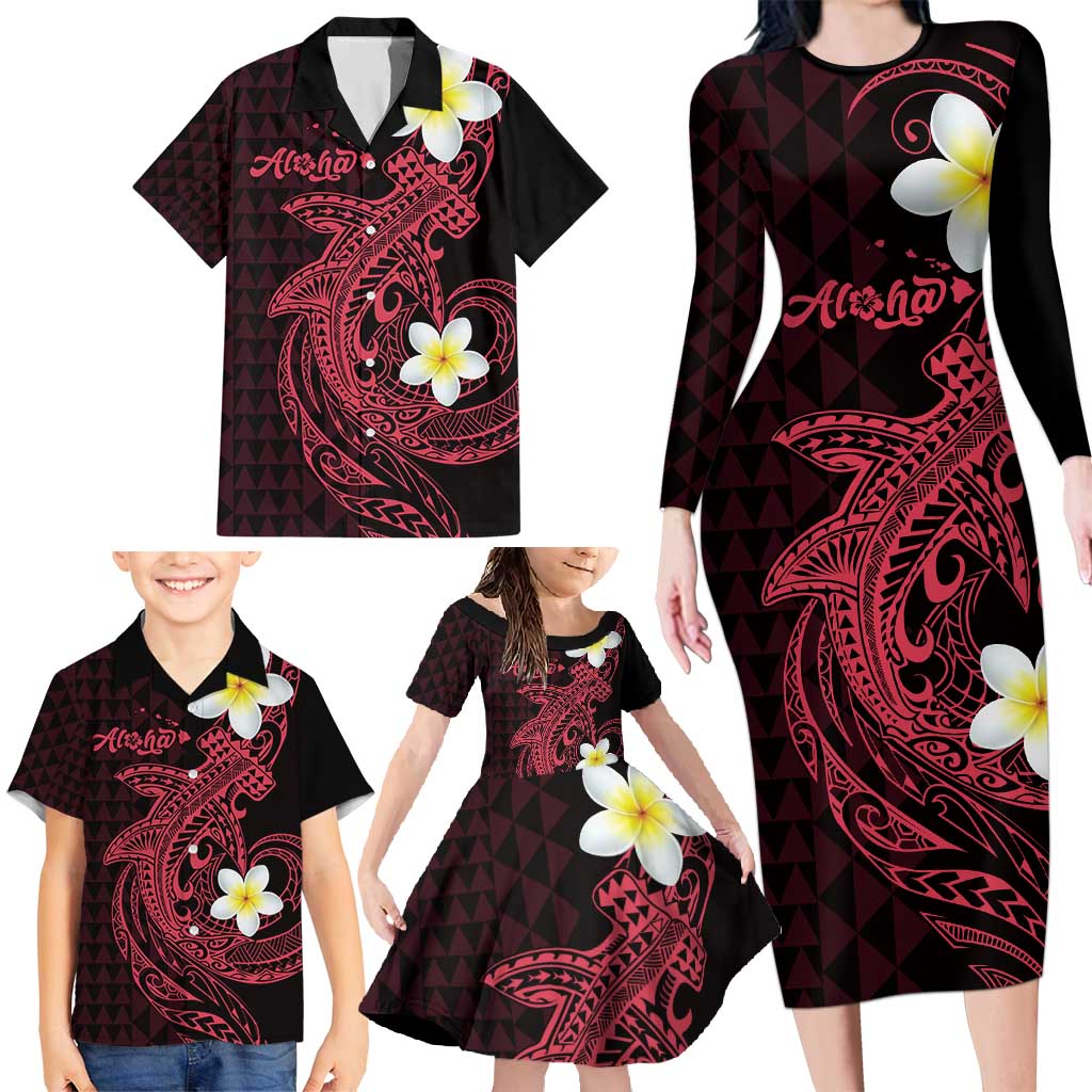 Aloha Hammerhead Shark Family Matching Long Sleeve Bodycon Dress and Hawaiian Shirt Feverish Pink Hawaiian Kakau Tribal Tattoo LT9 - Polynesian Pride