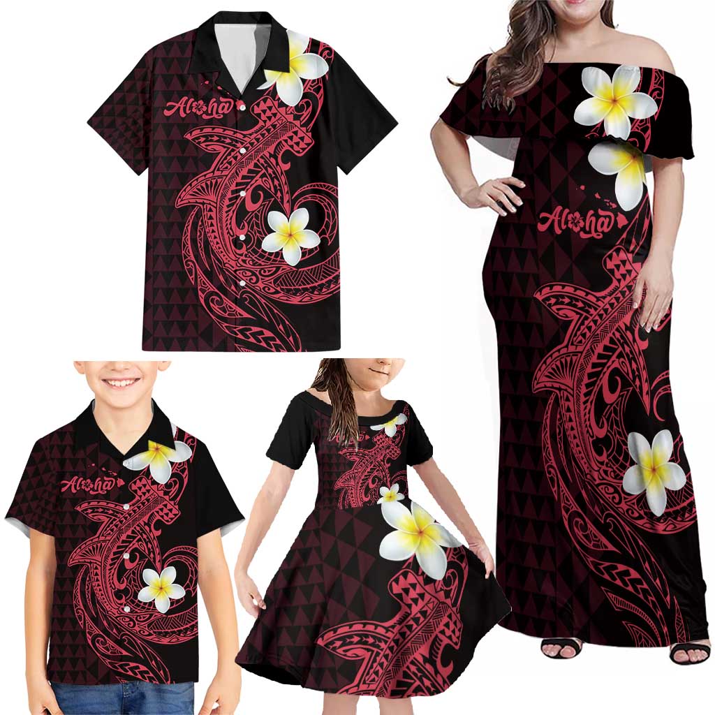 Aloha Hammerhead Shark Family Matching Off Shoulder Maxi Dress and Hawaiian Shirt Feverish Pink Hawaiian Kakau Tribal Tattoo LT9 - Polynesian Pride