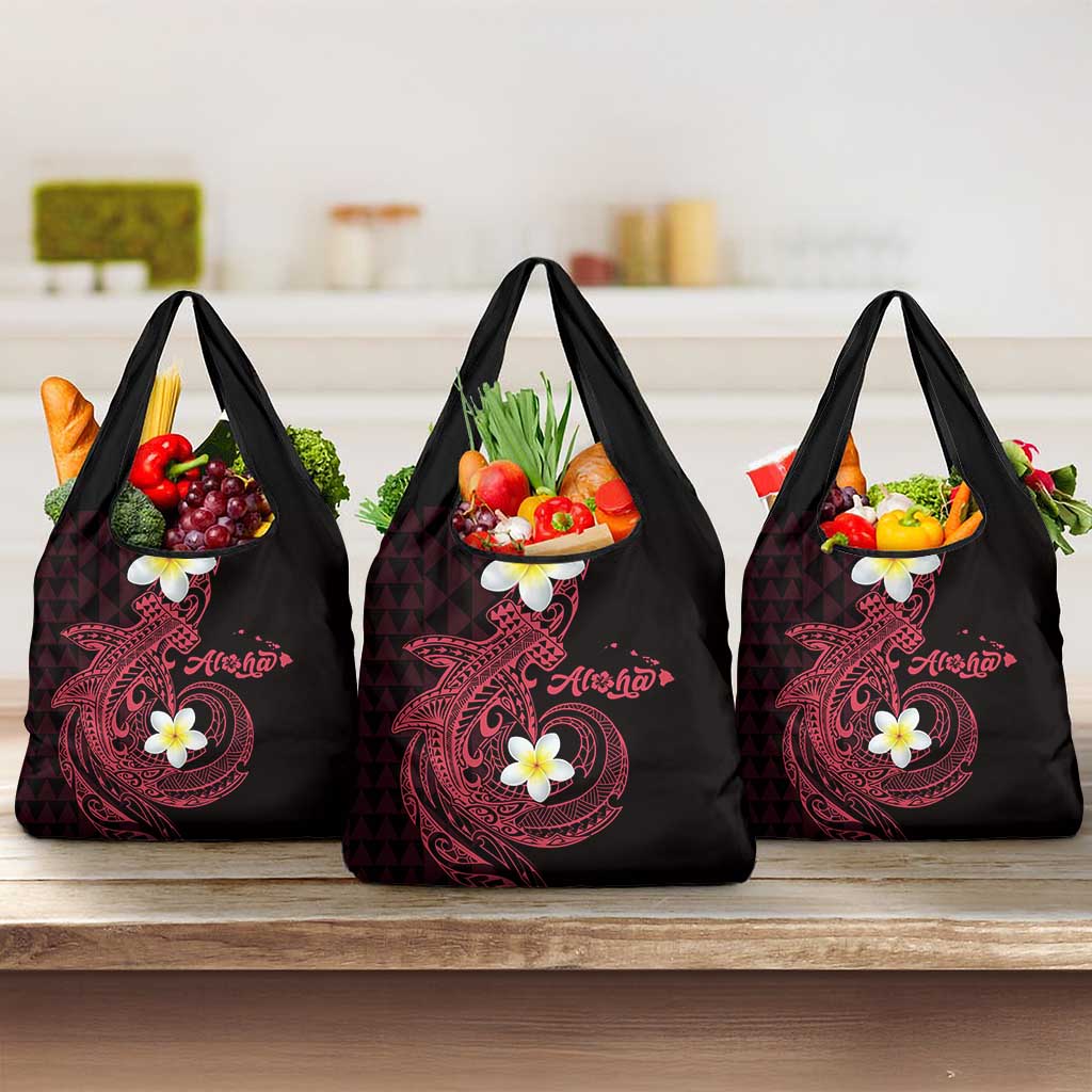 Aloha Hammerhead Shark Grocery Bag Feverish Pink Hawaiian Kakau Tribal Tattoo