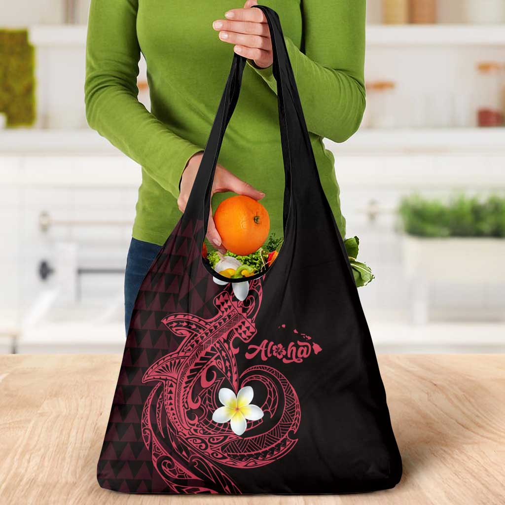 Aloha Hammerhead Shark Grocery Bag Feverish Pink Hawaiian Kakau Tribal Tattoo