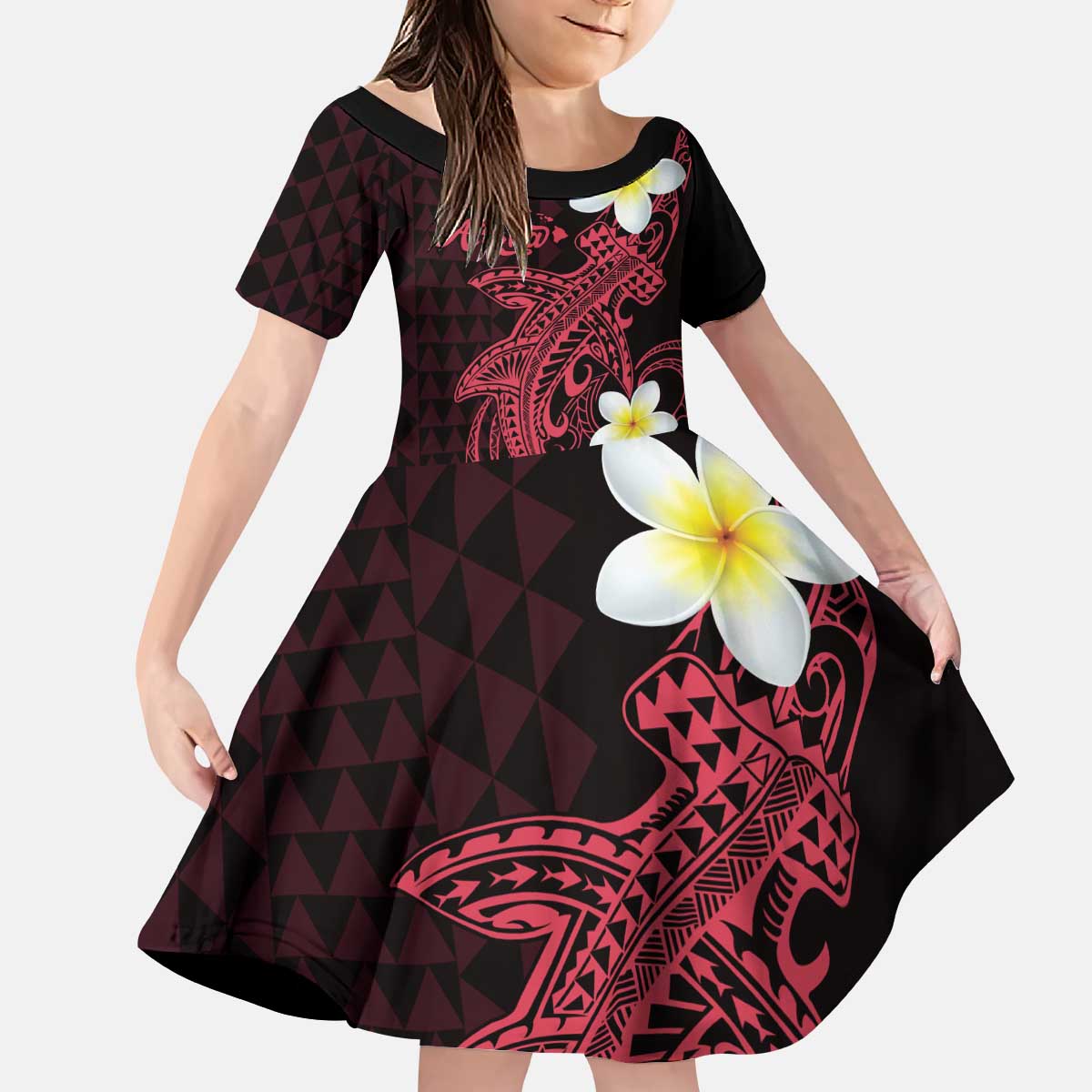 Aloha Hammerhead Shark Kid Short Sleeve Dress Feverish Pink Hawaiian Kakau Tribal Tattoo
