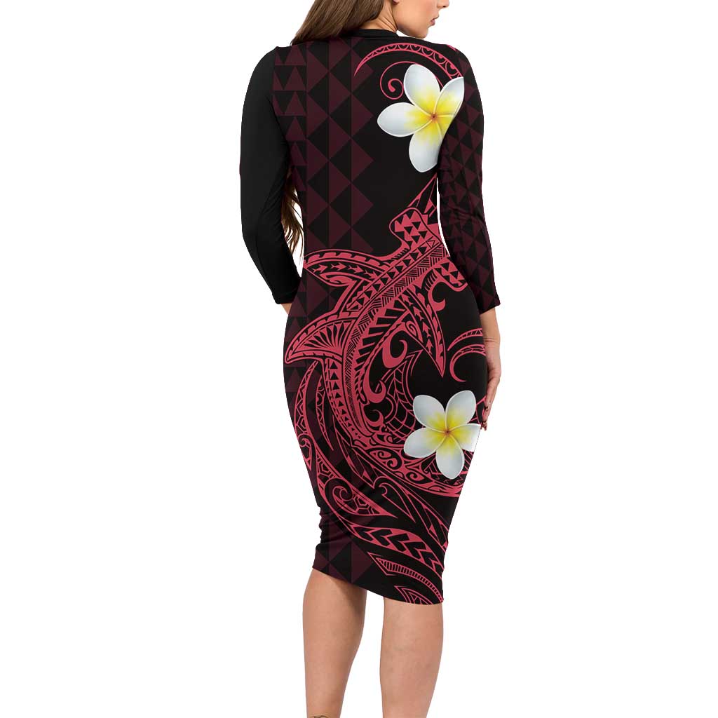 Aloha Hammerhead Shark Long Sleeve Bodycon Dress Feverish Pink Hawaiian Kakau Tribal Tattoo LT9 - Polynesian Pride
