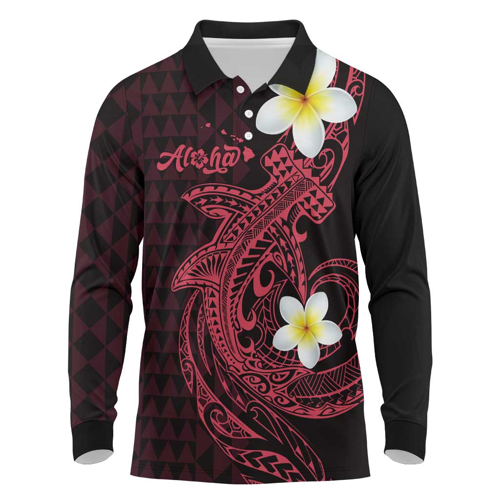 Aloha Hammerhead Shark Long Sleeve Polo Shirt Feverish Pink Hawaiian Kakau Tribal Tattoo