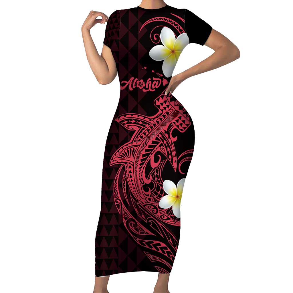 Aloha Hammerhead Shark Short Sleeve Bodycon Dress Feverish Pink Hawaiian Kakau Tribal Tattoo