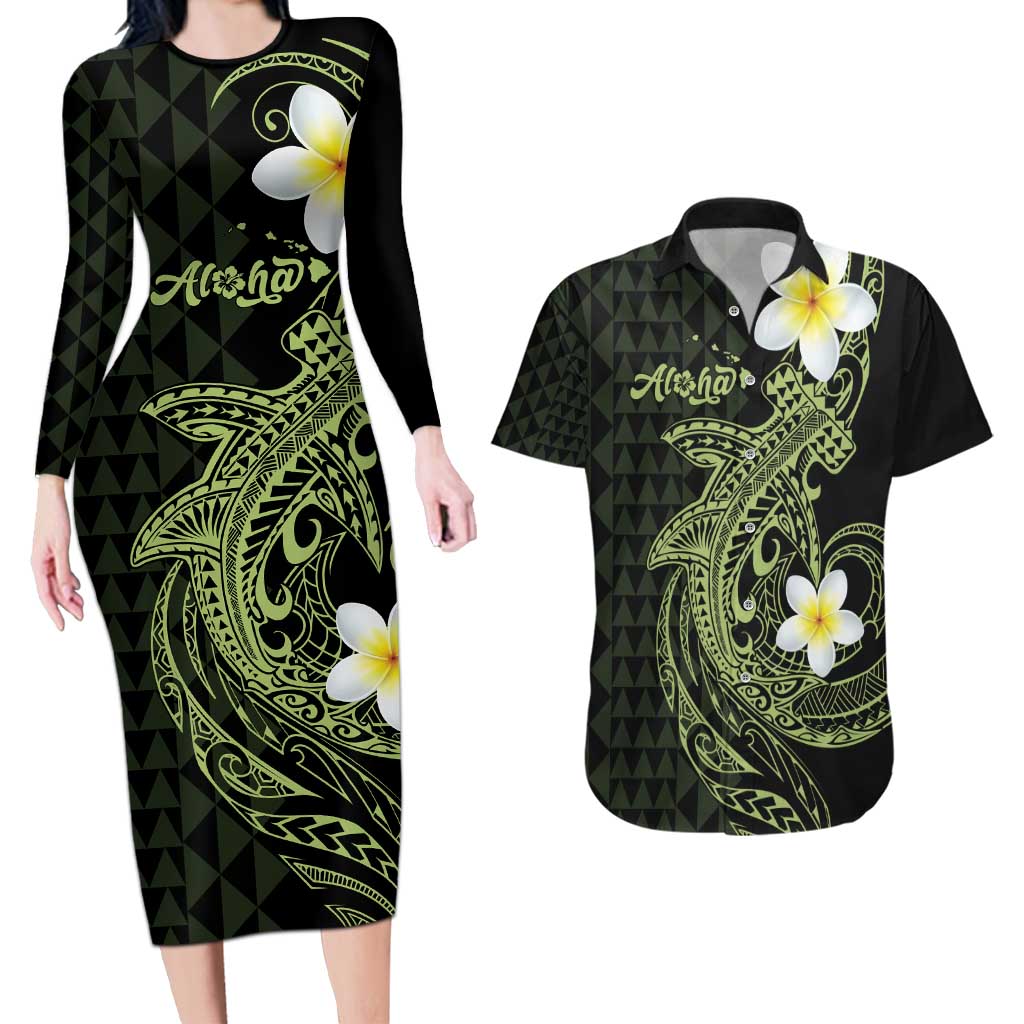 Aloha Hammerhead Shark Couples Matching Long Sleeve Bodycon Dress and Hawaiian Shirt Lime Rickey Hawaiian Kakau Tribal Tattoo LT9 Lime - Polynesian Pride