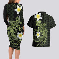Aloha Hammerhead Shark Couples Matching Long Sleeve Bodycon Dress and Hawaiian Shirt Lime Rickey Hawaiian Kakau Tribal Tattoo LT9 - Polynesian Pride