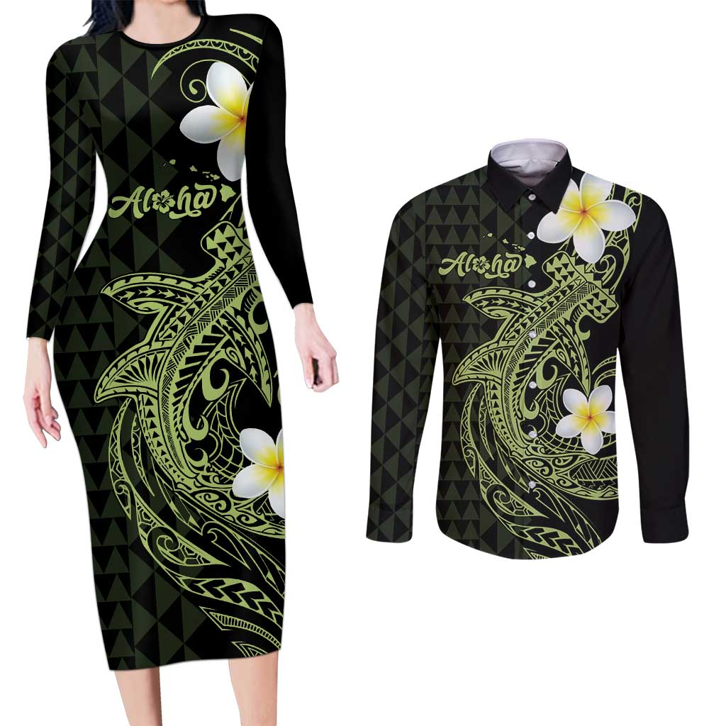 Aloha Hammerhead Shark Couples Matching Long Sleeve Bodycon Dress and Long Sleeve Button Shirt Lime Rickey Hawaiian Kakau Tribal Tattoo LT9 Lime - Polynesian Pride