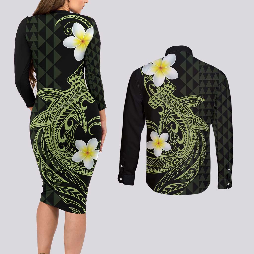 Aloha Hammerhead Shark Couples Matching Long Sleeve Bodycon Dress and Long Sleeve Button Shirt Lime Rickey Hawaiian Kakau Tribal Tattoo LT9 - Polynesian Pride