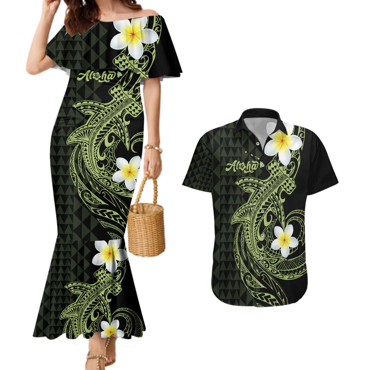 Aloha Hammerhead Shark Couples Matching Mermaid Dress and Hawaiian Shirt Lime Rickey Hawaiian Kakau Tribal Tattoo LT9 Lime - Polynesian Pride