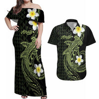 Aloha Hammerhead Shark Couples Matching Off Shoulder Maxi Dress and Hawaiian Shirt Lime Rickey Hawaiian Kakau Tribal Tattoo LT9 Lime - Polynesian Pride
