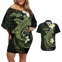 Aloha Hammerhead Shark Couples Matching Off Shoulder Short Dress and Hawaiian Shirt Lime Rickey Hawaiian Kakau Tribal Tattoo LT9 Lime - Polynesian Pride