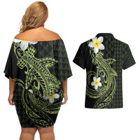 Aloha Hammerhead Shark Couples Matching Off Shoulder Short Dress and Hawaiian Shirt Lime Rickey Hawaiian Kakau Tribal Tattoo LT9 - Polynesian Pride