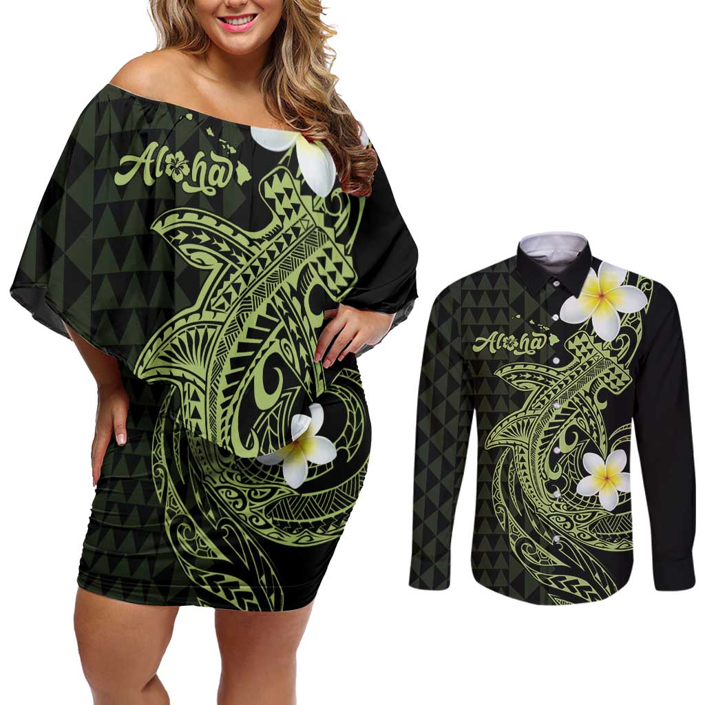 Aloha Hammerhead Shark Couples Matching Off Shoulder Short Dress and Long Sleeve Button Shirt Lime Rickey Hawaiian Kakau Tribal Tattoo LT9 Lime - Polynesian Pride