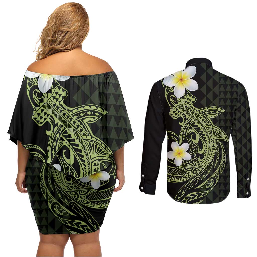 Aloha Hammerhead Shark Couples Matching Off Shoulder Short Dress and Long Sleeve Button Shirt Lime Rickey Hawaiian Kakau Tribal Tattoo LT9 - Polynesian Pride