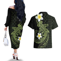 Aloha Hammerhead Shark Couples Matching Off The Shoulder Long Sleeve Dress and Hawaiian Shirt Lime Rickey Hawaiian Kakau Tribal Tattoo LT9 - Polynesian Pride