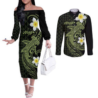 Aloha Hammerhead Shark Couples Matching Off The Shoulder Long Sleeve Dress and Long Sleeve Button Shirt Lime Rickey Hawaiian Kakau Tribal Tattoo LT9 Lime - Polynesian Pride
