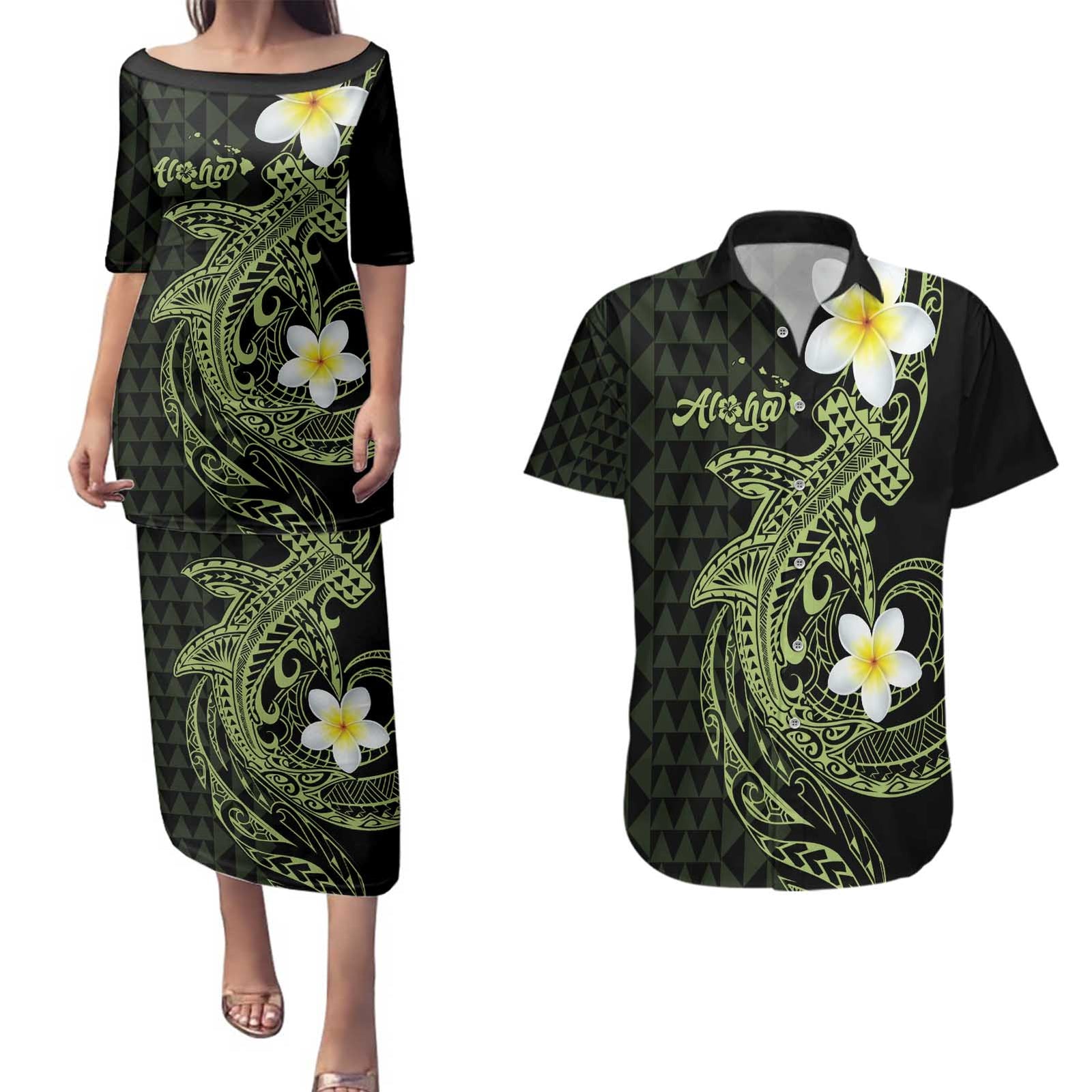 Aloha Hammerhead Shark Couples Matching Puletasi and Hawaiian Shirt Lime Rickey Hawaiian Kakau Tribal Tattoo