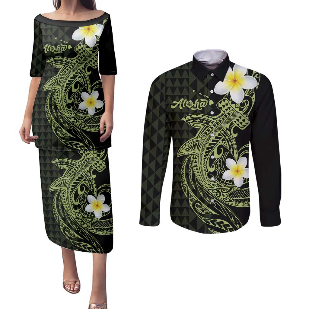 Aloha Hammerhead Shark Couples Matching Puletasi and Long Sleeve Button Shirt Lime Rickey Hawaiian Kakau Tribal Tattoo