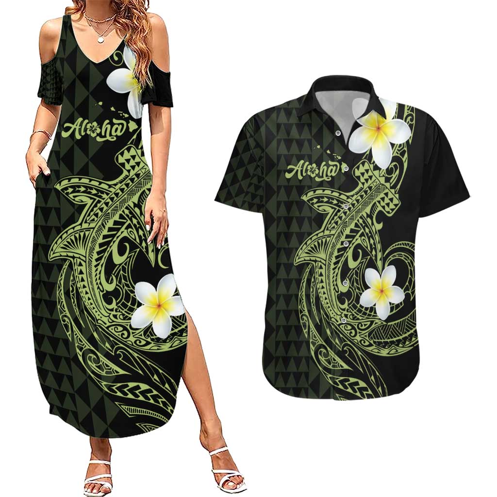 Aloha Hammerhead Shark Couples Matching Summer Maxi Dress and Hawaiian Shirt Lime Rickey Hawaiian Kakau Tribal Tattoo LT9 Lime - Polynesian Pride
