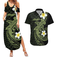 Aloha Hammerhead Shark Couples Matching Summer Maxi Dress and Hawaiian Shirt Lime Rickey Hawaiian Kakau Tribal Tattoo LT9 Lime - Polynesian Pride