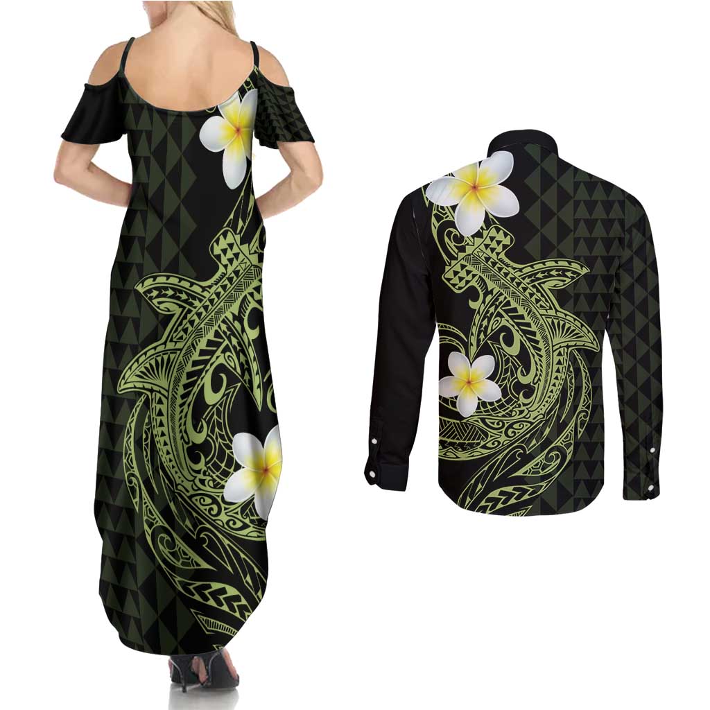 Aloha Hammerhead Shark Couples Matching Summer Maxi Dress and Long Sleeve Button Shirt Lime Rickey Hawaiian Kakau Tribal Tattoo