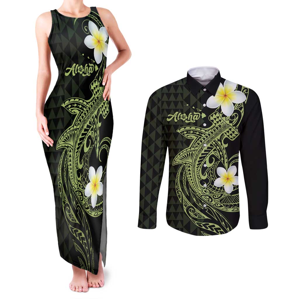 Aloha Hammerhead Shark Couples Matching Tank Maxi Dress and Long Sleeve Button Shirt Lime Rickey Hawaiian Kakau Tribal Tattoo