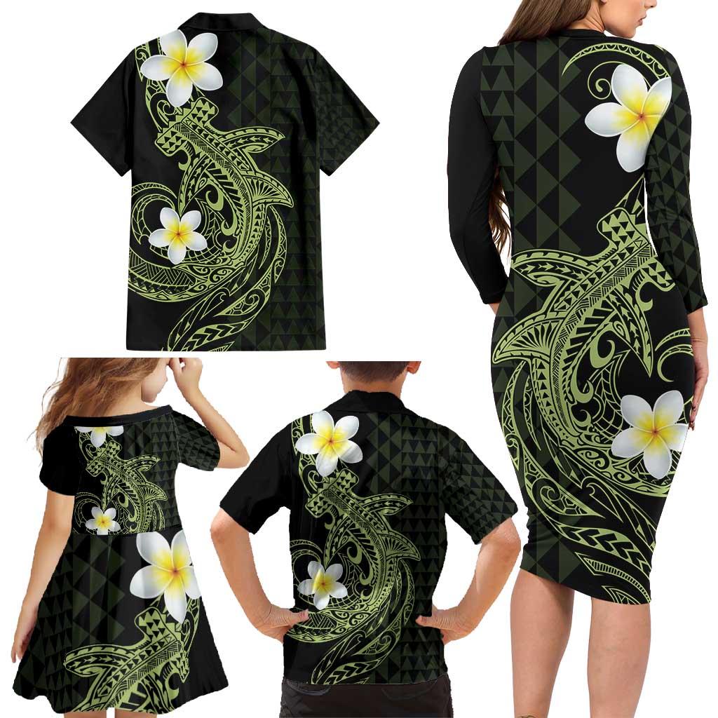 Aloha Hammerhead Shark Family Matching Long Sleeve Bodycon Dress and Hawaiian Shirt Lime Rickey Hawaiian Kakau Tribal Tattoo LT9 - Polynesian Pride