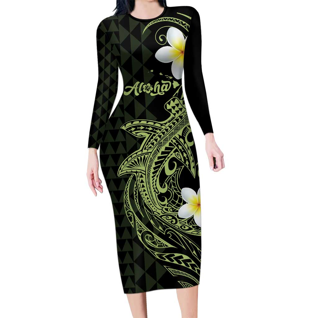 Aloha Hammerhead Shark Family Matching Long Sleeve Bodycon Dress and Hawaiian Shirt Lime Rickey Hawaiian Kakau Tribal Tattoo LT9 Mom's Dress Lime - Polynesian Pride