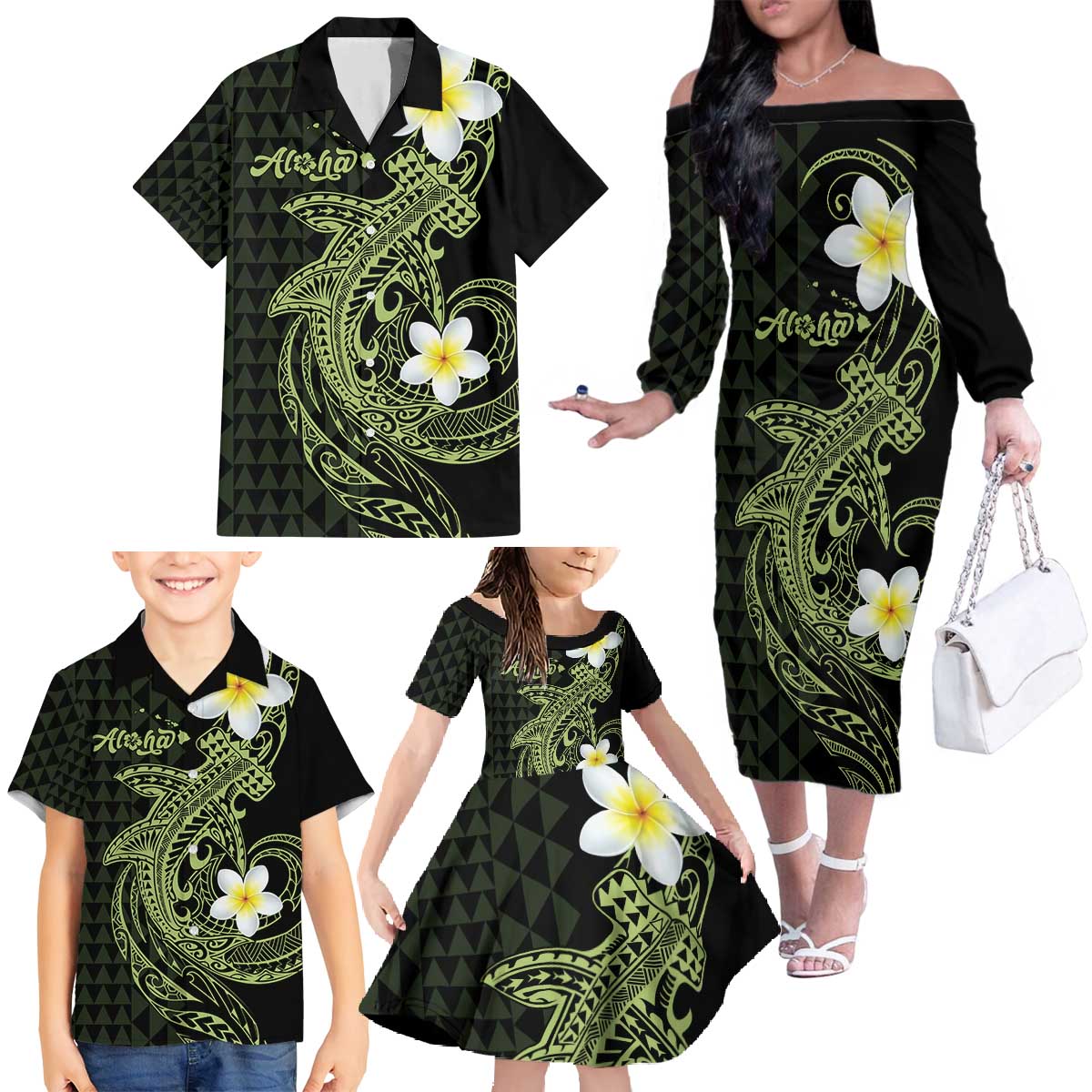 Aloha Hammerhead Shark Family Matching Off The Shoulder Long Sleeve Dress and Hawaiian Shirt Lime Rickey Hawaiian Kakau Tribal Tattoo LT9 - Polynesian Pride