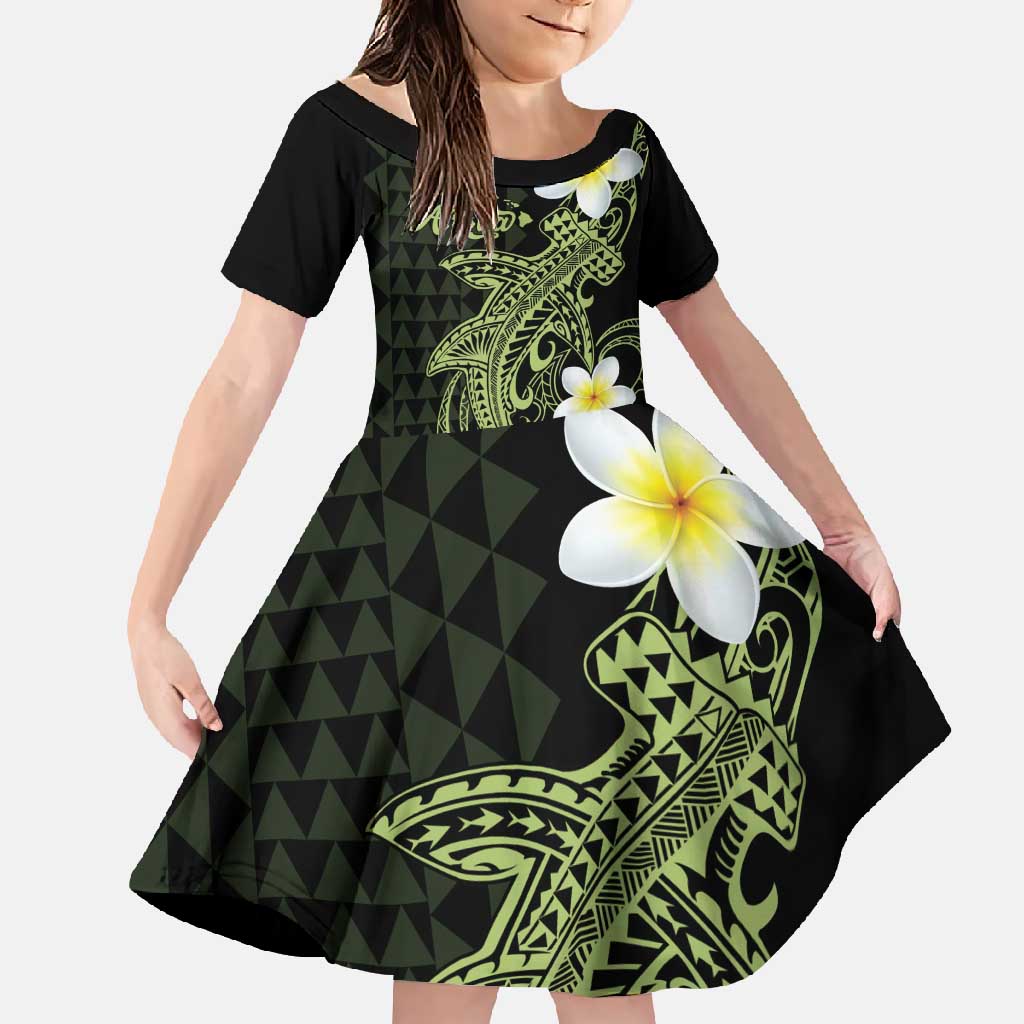 Aloha Hammerhead Shark Family Matching Off Shoulder Maxi Dress and Hawaiian Shirt Lime Rickey Hawaiian Kakau Tribal Tattoo LT9 Daughter's Dress Lime - Polynesian Pride