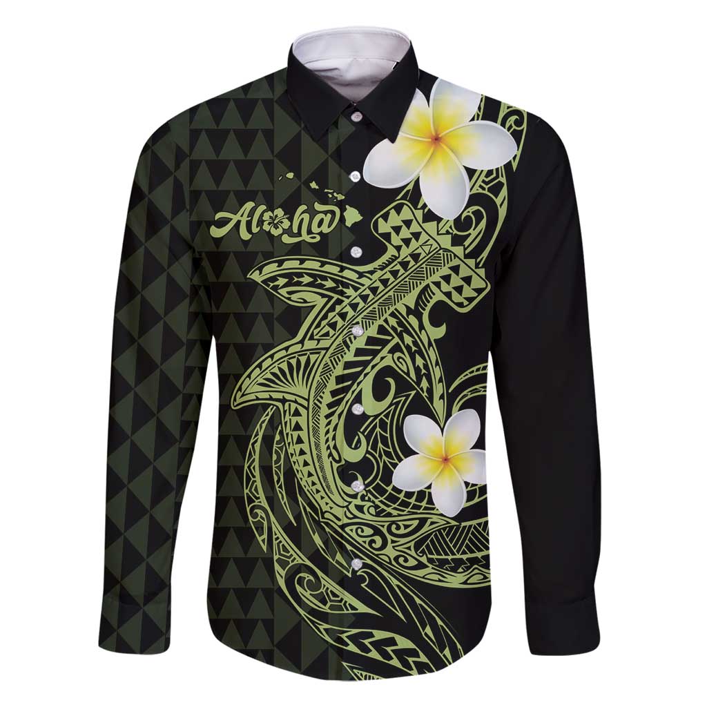 Aloha Hammerhead Shark Family Matching Off Shoulder Maxi Dress and Hawaiian Shirt Lime Rickey Hawaiian Kakau Tribal Tattoo LT9 Dad's Shirt - Long Sleeve Lime - Polynesian Pride