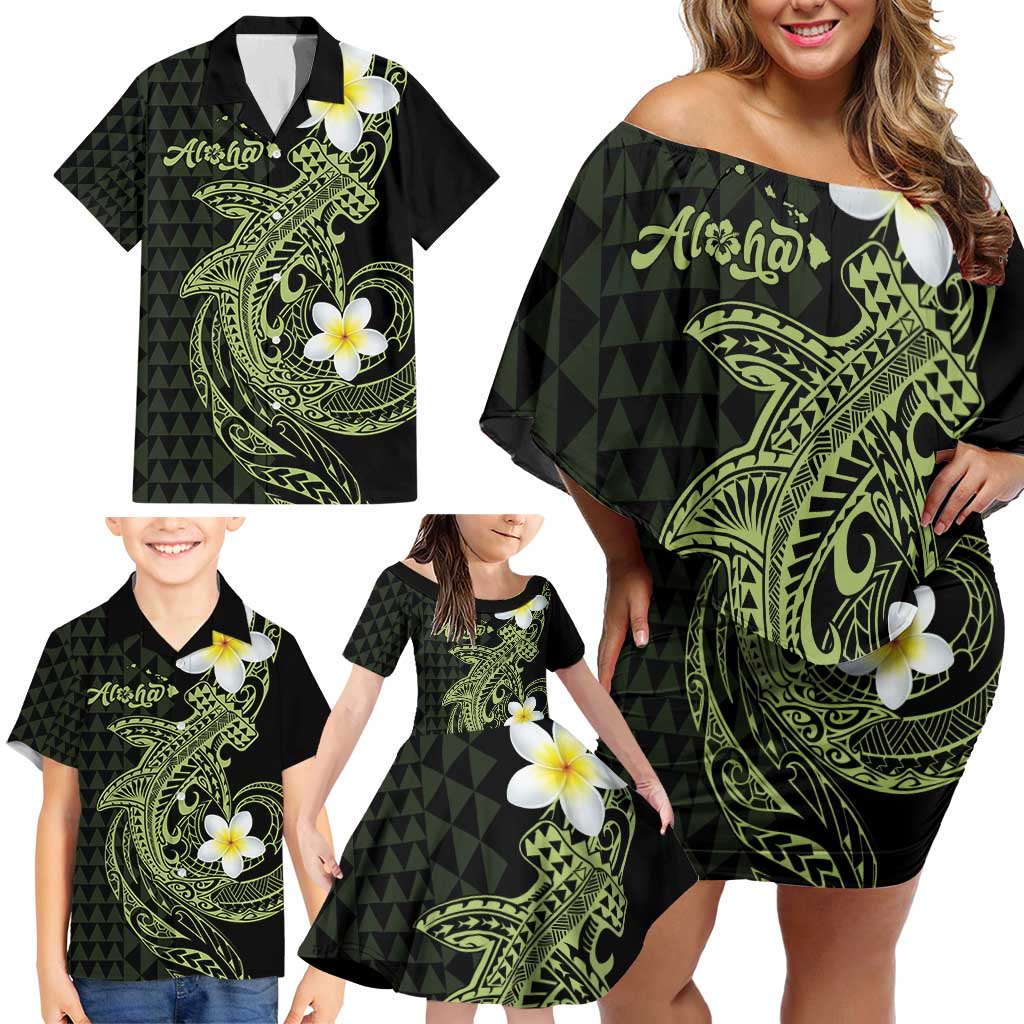 Aloha Hammerhead Shark Family Matching Off Shoulder Short Dress and Hawaiian Shirt Lime Rickey Hawaiian Kakau Tribal Tattoo LT9 - Polynesian Pride