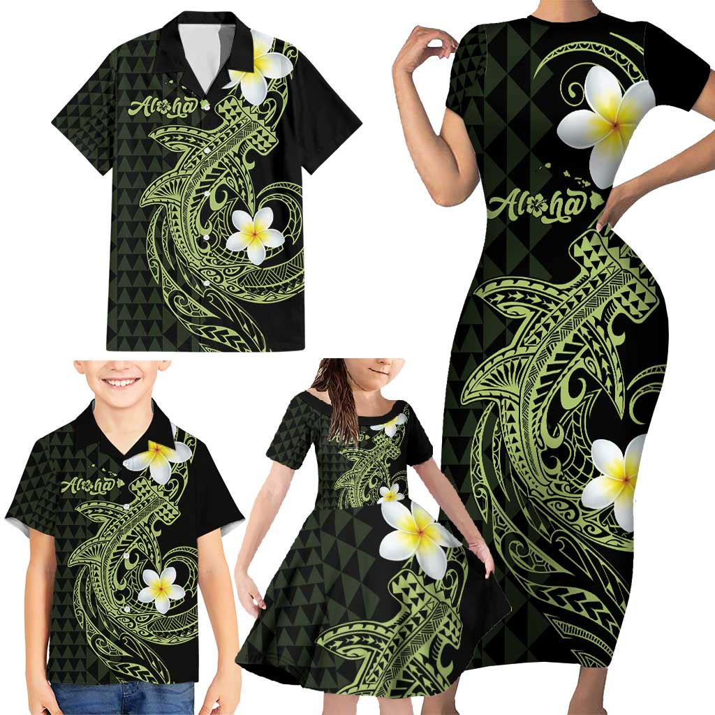 Aloha Hammerhead Shark Family Matching Short Sleeve Bodycon Dress and Hawaiian Shirt Lime Rickey Hawaiian Kakau Tribal Tattoo LT9 - Polynesian Pride