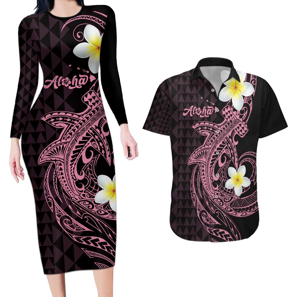 Aloha Hammerhead Shark Couples Matching Long Sleeve Bodycon Dress and Hawaiian Shirt Vivacious Pink Hawaiian Kakau Tribal Tattoo LT9 Pink - Polynesian Pride
