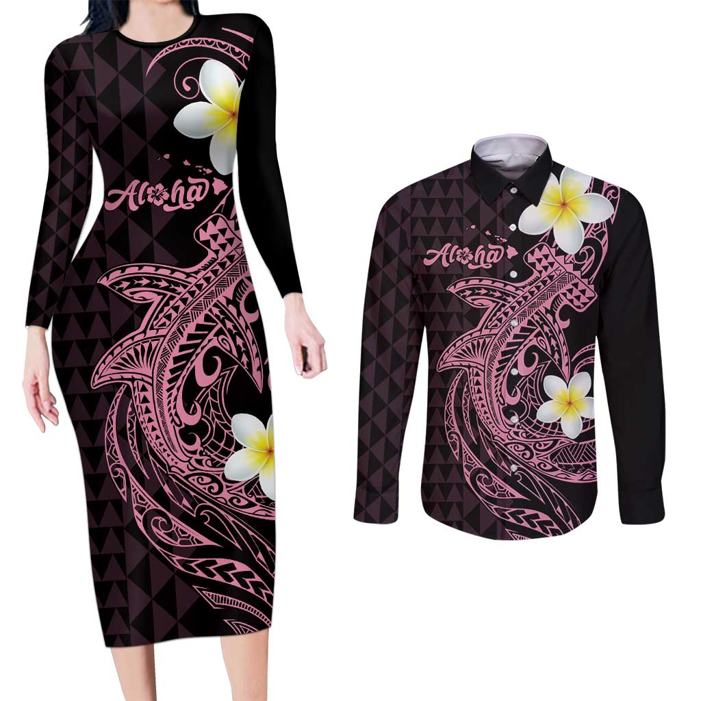 Aloha Hammerhead Shark Couples Matching Long Sleeve Bodycon Dress and Long Sleeve Button Shirt Vivacious Pink Hawaiian Kakau Tribal Tattoo LT9 Pink - Polynesian Pride