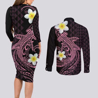 Aloha Hammerhead Shark Couples Matching Long Sleeve Bodycon Dress and Long Sleeve Button Shirt Vivacious Pink Hawaiian Kakau Tribal Tattoo LT9 - Polynesian Pride