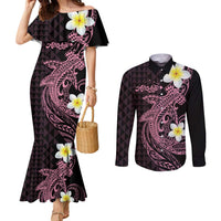 Aloha Hammerhead Shark Couples Matching Mermaid Dress and Long Sleeve Button Shirt Vivacious Pink Hawaiian Kakau Tribal Tattoo LT9 Pink - Polynesian Pride